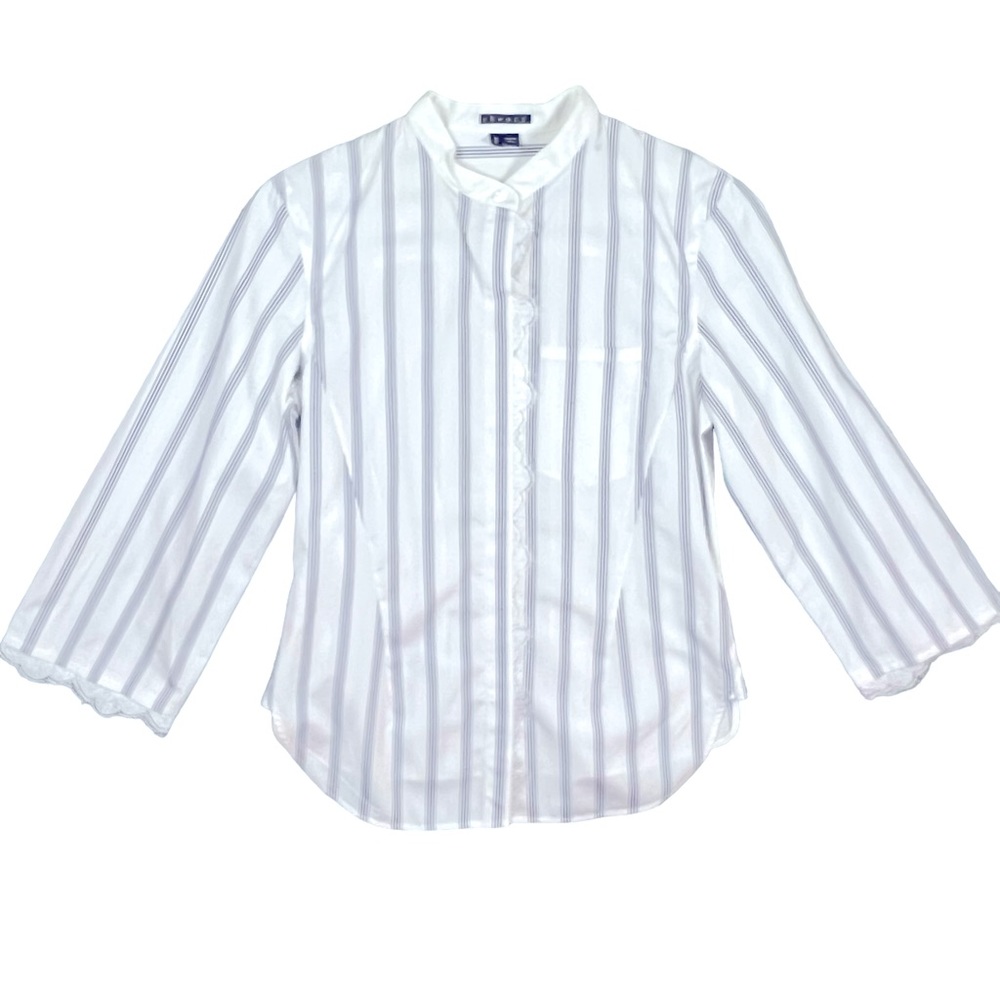 Theory Women’s Small White Blue Striped Button Up Lace Trim Blouse